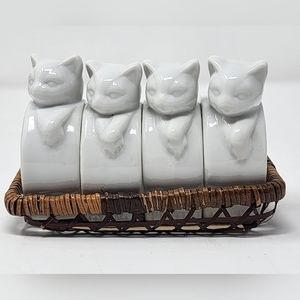 Vintage CrowningTouch To Set Of 4 White Porcelain Cat Napkin Rings/Wicker Basket